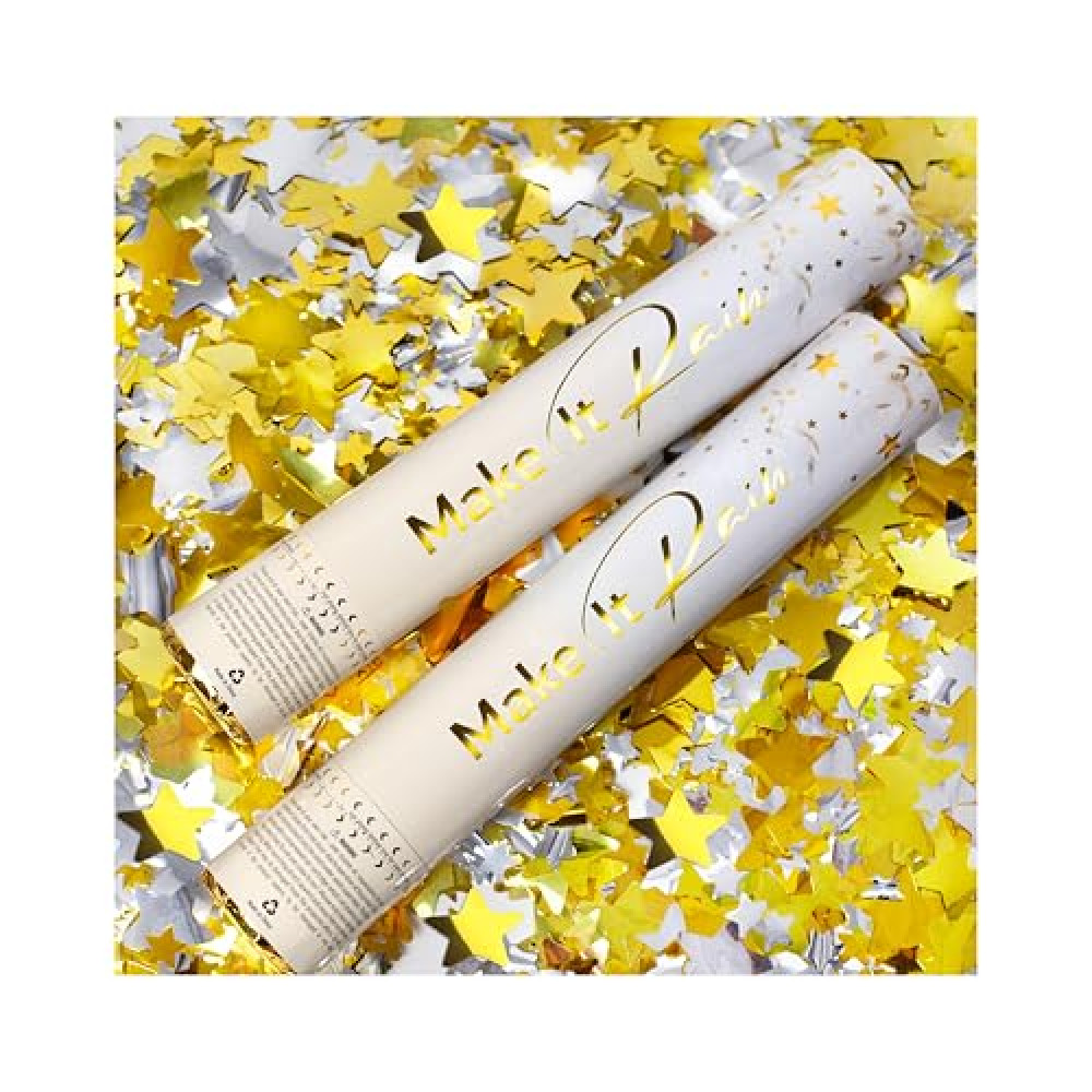 PrimePure Confetti Cannon Party Poppers - Gold Stars Confetti Poppers - 2 Pack - Party Cannons Shooters Gun for Wedding, Birthdays, Celebrations
