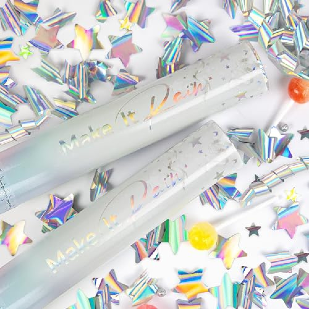 PrimePure Confetti Cannon Party Poppers - Holographic Silver Stars Confetti Poppers - 2 Pack - Party Cannons Shooters Gun for Wedding, Birthdays, Celebrations