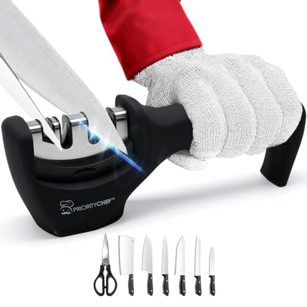 PriorityChef Kitchen Knife Sharpener Tool, Heavy Duty 4 Stage Knife Sharpening Kit and Scissor Sharpener, Repair, Polish and Sharpen your Kitchen Knife Easily