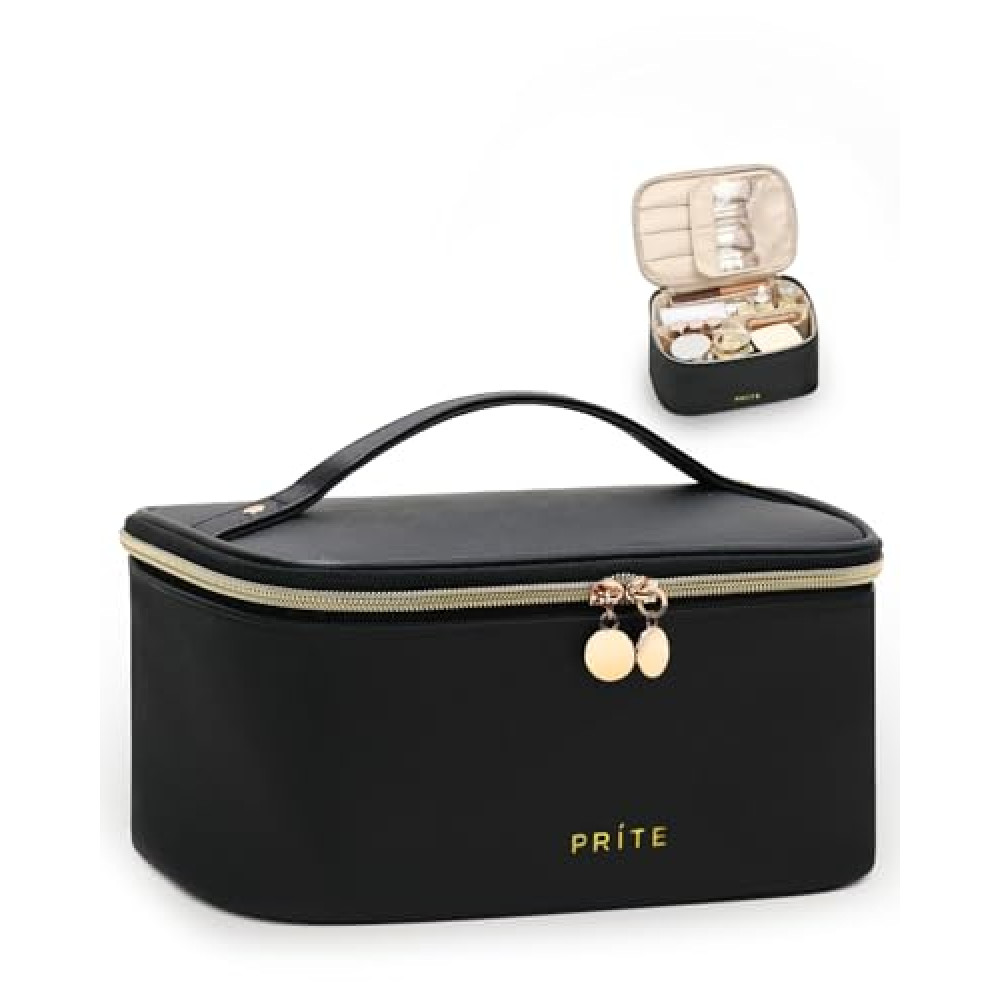 Prite Makeup Bag, Large Capacity Portable Travel Cosmetic Bag, Waterproof Makeup Organizer for Women with Handle and Divider(Black)