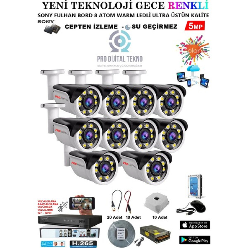 Pro Dijital Güvenlik 10 Kameralı Gece Renkli 5 Mp 8 Adet Warm LED Güvenlik Kamerası Seti Full Hd Kamera Sistemi Güvenlik Kameraları Fiyatı