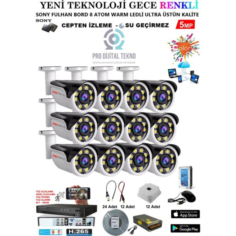 Pro Dijital Güvenlik 12 Kameralı Gece Renkli 5 Mp 8 Adet Warm LED Güvenlik Kamerası Seti Full Hd Kamera Sistemi Güvenlik Kameraları Fiyatı