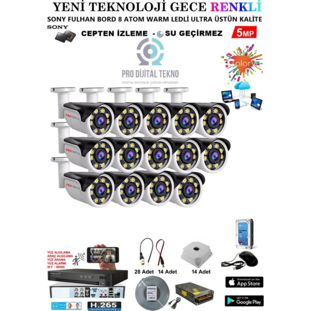Pro Dijital Güvenlik 14 Kameralı Gece Renkli 5 Mp 8 Adet Warm LED Güvenlik Kamerası Seti Full Hd Kamera Sistemi Güvenlik Kameraları Fiyatı