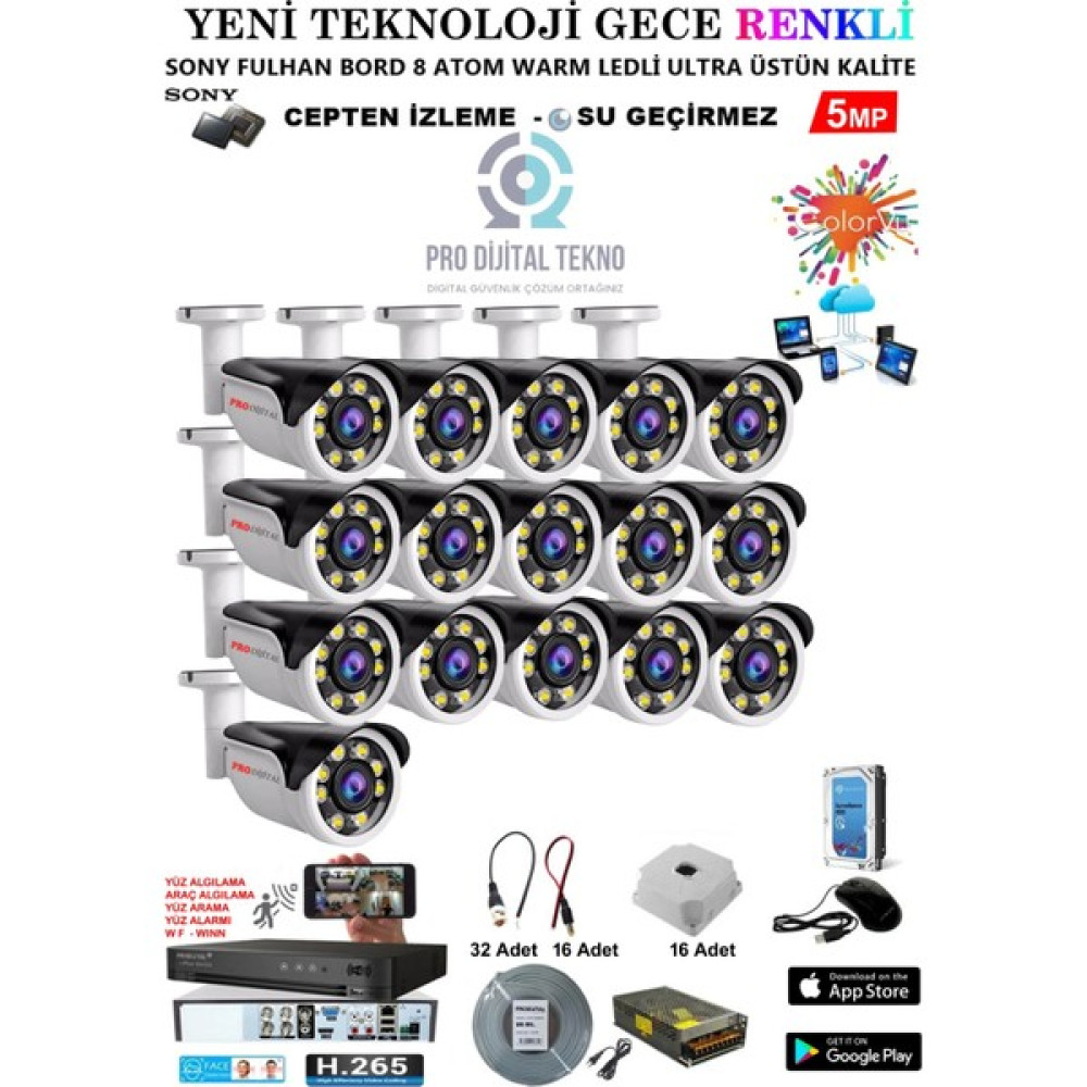 Pro Dijital Güvenlik 16 Kameralı Gece Renkli 5 Mp 8 Adet Warm LED Güvenlik Kamerası Seti Full Hd Kamera Sistemi Güvenlik Kameraları Fiyatı