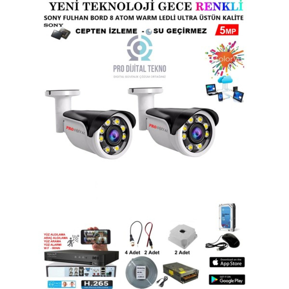 Pro Dijital Güvenlik 2 Kameralı Gece Renkli 5 Mp 8 Adet Warm LED Güvenlik Kamerası Seti Full Hd Kamera Sistemi Güvenlik Kameraları Fiyatı