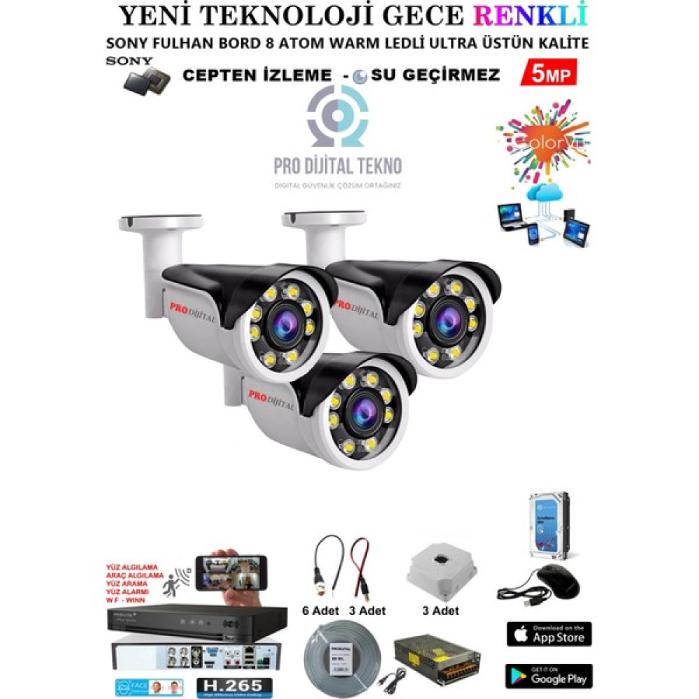 Pro Dijital Güvenlik 3 Kameralı Gece Renkli 5 Mp 8 Adet Warm LED Güvenlik Kamerası Seti Full Hd Kamera Sistemi Güvenlik Kameraları Fiyatı
