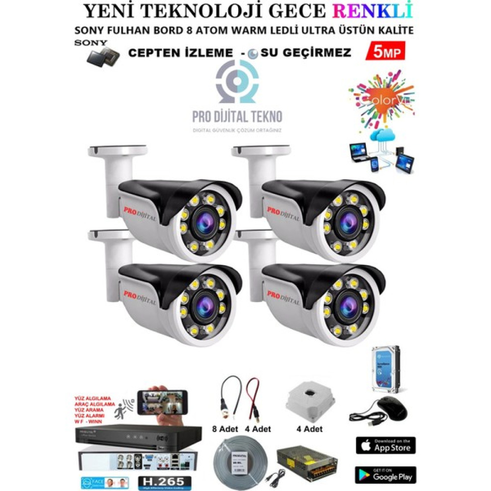 Pro Dijital Güvenlik 4 Kameralı Gece Renkli 5 Mp 8 Adet Warm LED Güvenlik Kamerası Seti Full Hd Kamera Sistemi Güvenlik Kameraları Fiyatı
