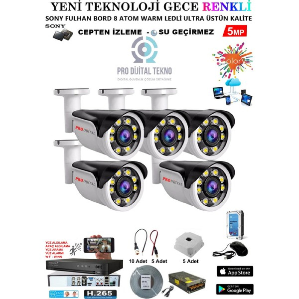 Pro Dijital Güvenlik 5 Kameralı Gece Renkli 5 Mp 8 Adet Warm LED Güvenlik Kamerası Seti Full Hd Kamera Sistemi Güvenlik Kameraları Fiyatı