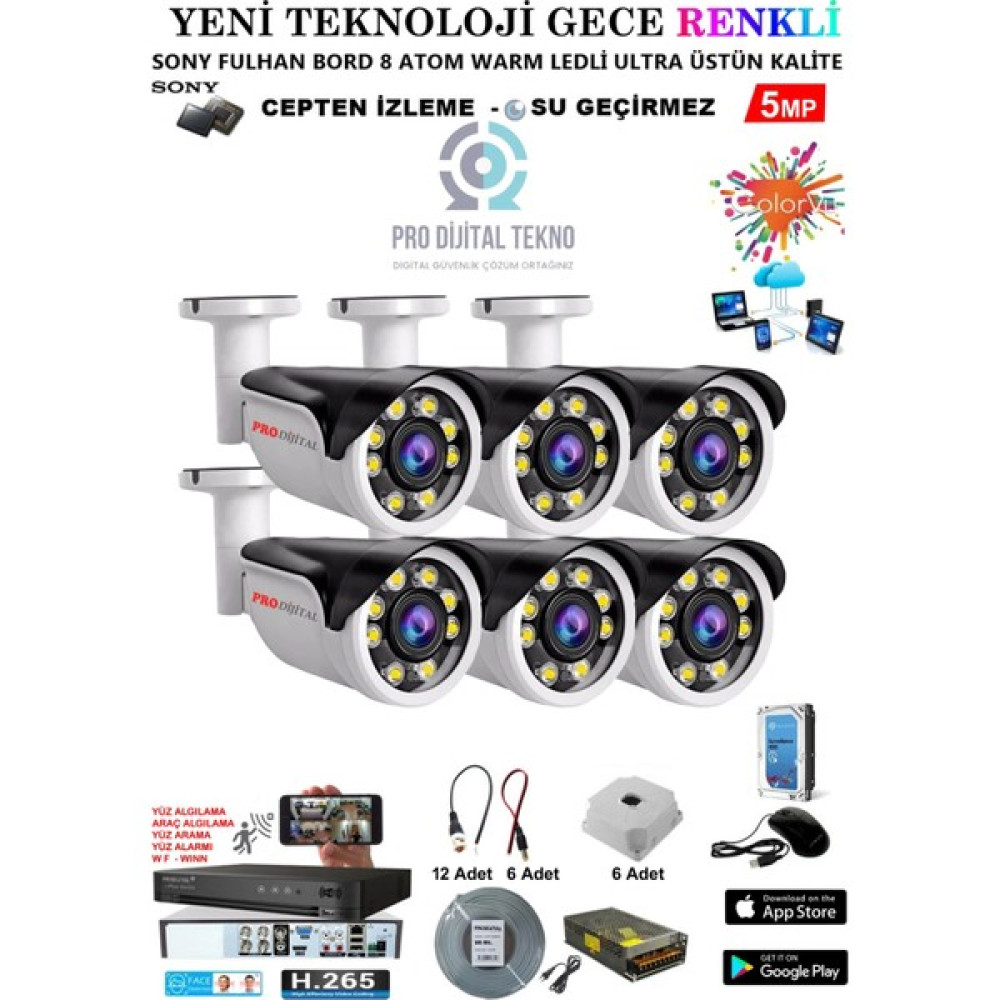 Pro Dijital Güvenlik 6 Kameralı Gece Renkli 5 Mp 8 Adet Warm LED Güvenlik Kamerası Seti Full Hd Kamera Sistemi Güvenlik Kameraları Fiyatı