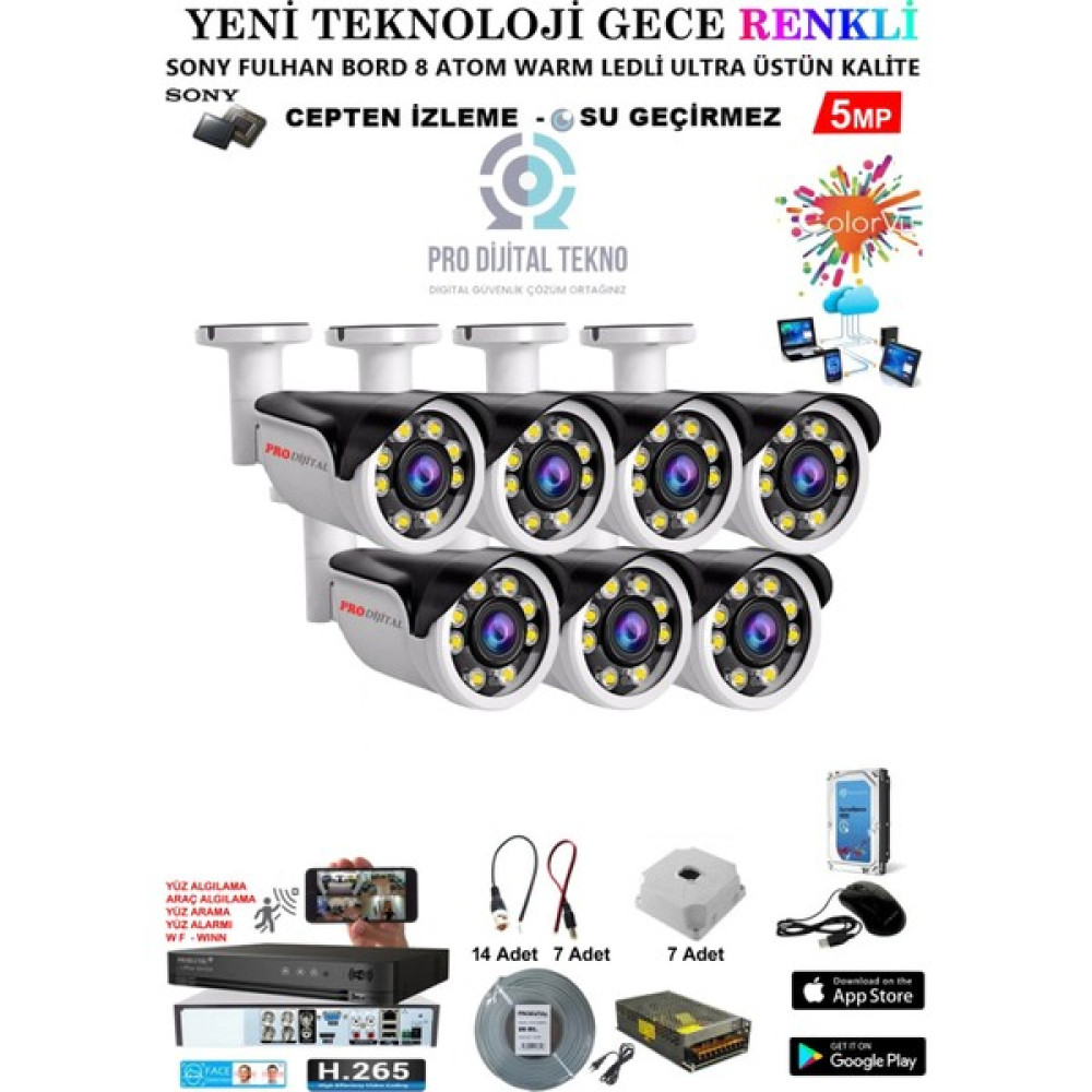 Pro Dijital Güvenlik 7 Kameralı Gece Renkli 5 Mp 8 Adet Warm LED Güvenlik Kamerası Seti Full Hd Kamera Sistemi Güvenlik Kameraları Fiyatı