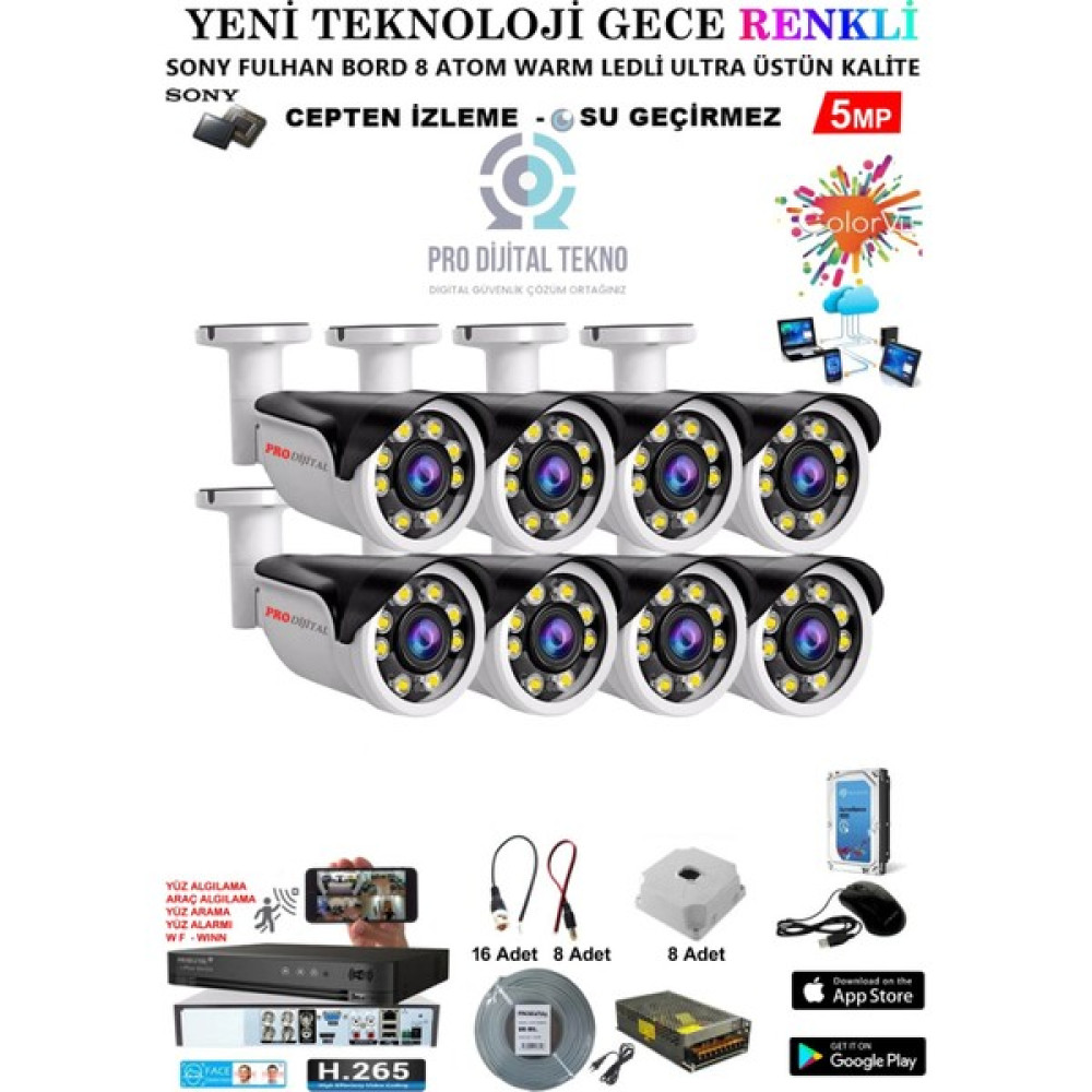 Pro Dijital Güvenlik 8 Kameralı Gece Renkli 5 Mp 8 Adet Warm LED Güvenlik Kamerası Seti Full Hd Kamera Sistemi Güvenlik Kameraları Fiyatı