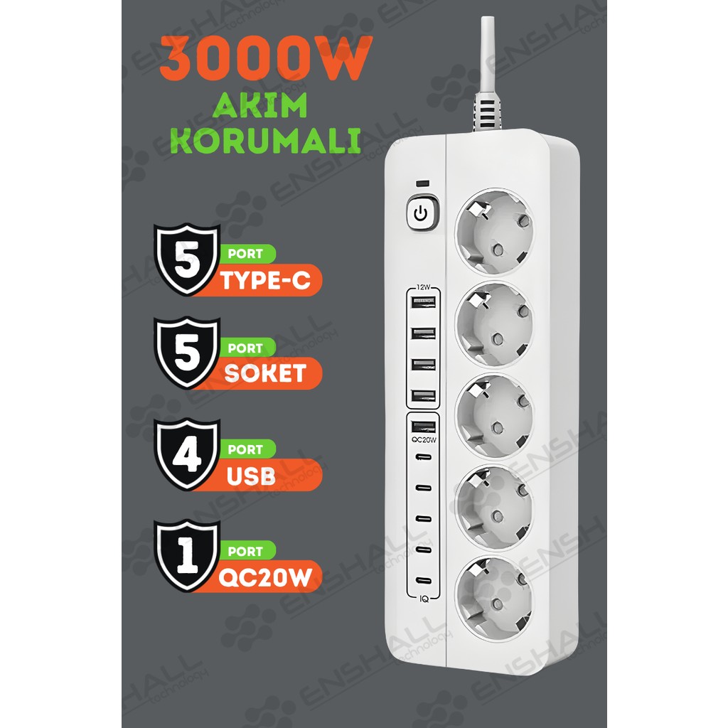 Pro P13 3000W Akım Korumalı 5 Girişli Type-C ve USB Girişli Uzatmalı Grup Priz - Beyaz Bilgisayar Çevirici ve Adaptörü Fiyatı