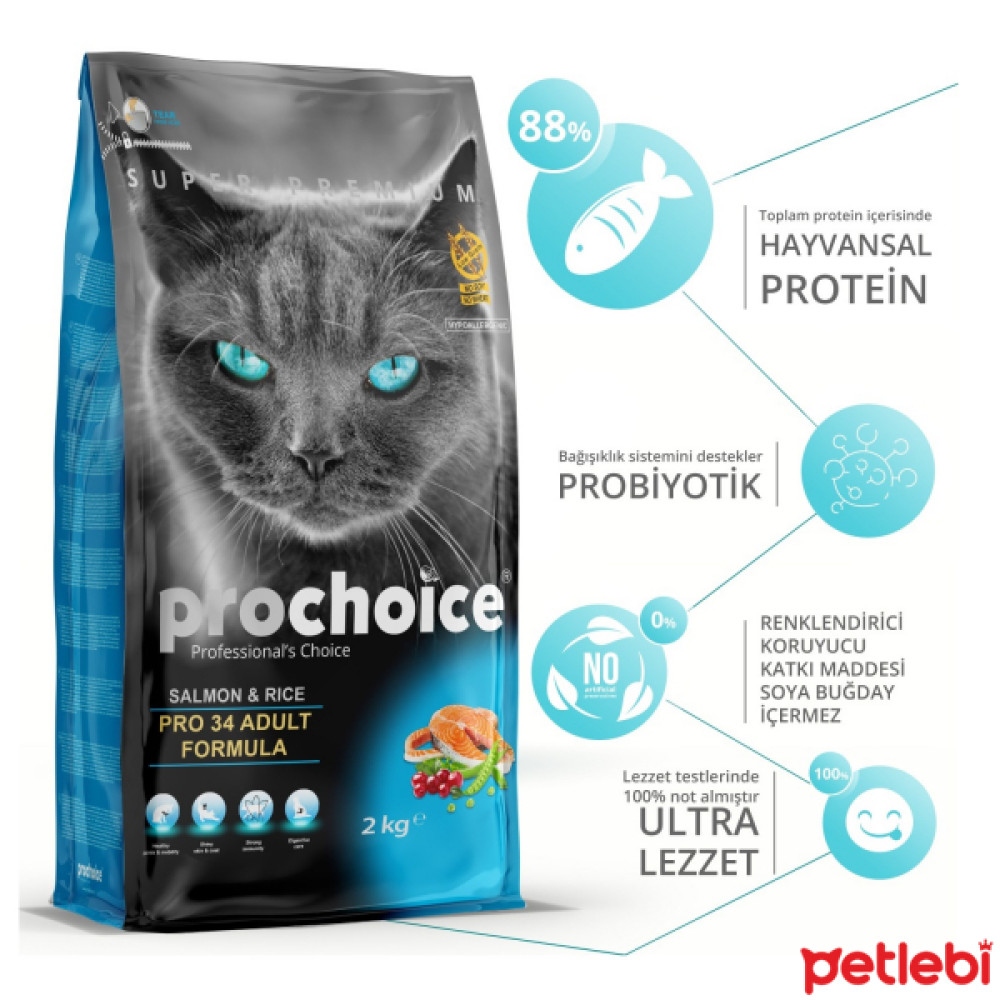ProChoice 34 Somonlu ve Pirinçli Düşük Tahıllı Yetişkin Kedi Maması 2kg Evcil Hayvan Ürünleri Fiyatı