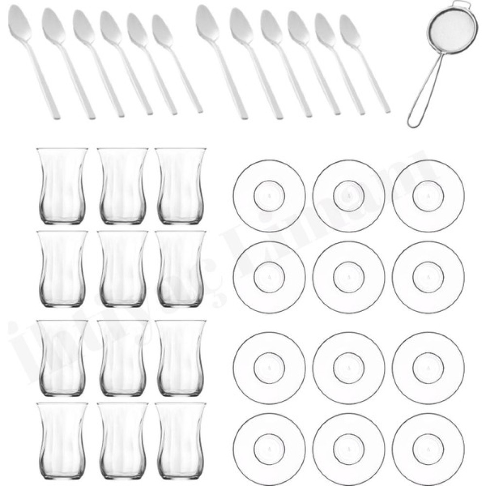 Procleaxin Çay Bardağı Klasik 12 Adet+Çay Tabağı Yuvarlak 12 Adet+Metal Çay Kaşık 12+Süzgeç - Şeffaf Fincan / Bardak / Kahve Takımı Fiyatı