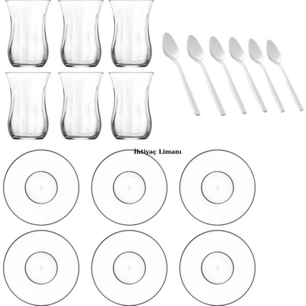 Procleaxin Çay Bardağı Klasik 6 Adet+Çay Tabağı Yuvarlak 6 Adet+Metal Çay Kaşık Kalın 6 Adet - Şeffaf Fincan / Bardak / Kahve Takımı Fiyatı