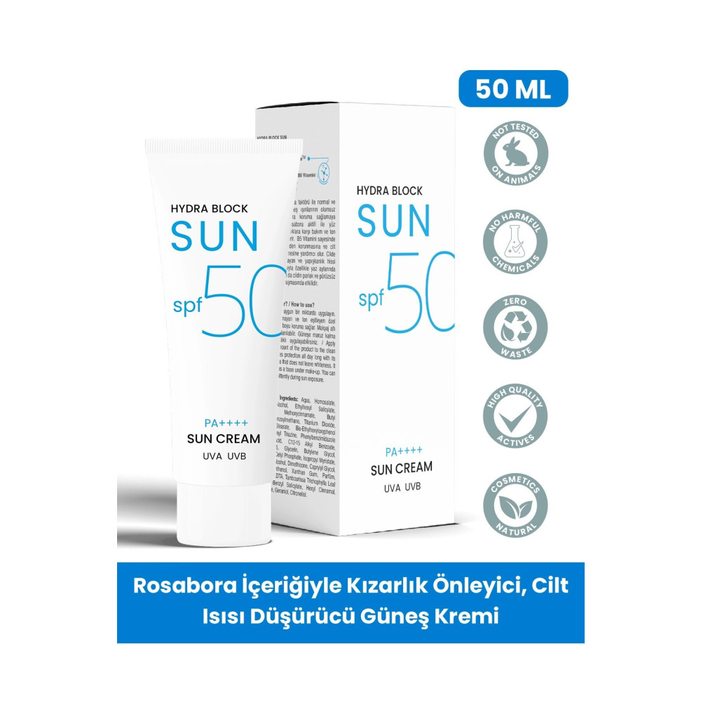 PROCSIN Hydra Block SUN Spf 50+ Leke Karşıtı + Rosabora Cilt Isısı Düşürücü (Yatıştırıcı) Güneş Kremi PA++++ Güneş Kremleri ve Losyonları Fiyatı