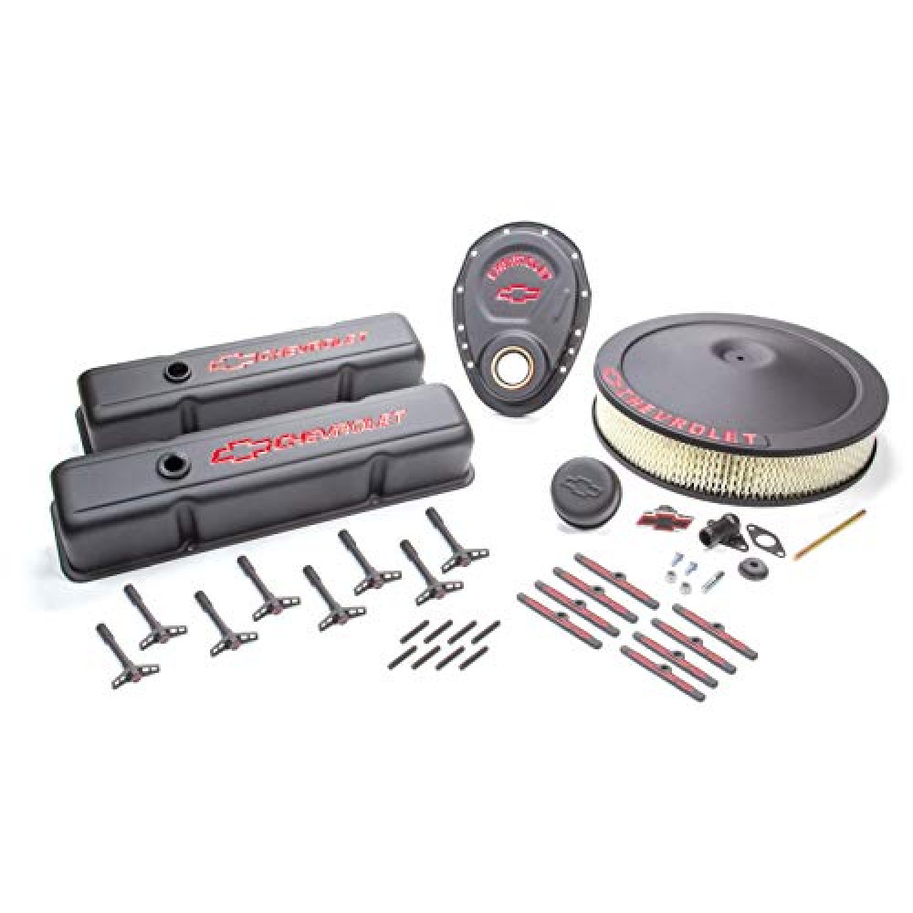 Proform 141-758 Black Crinkle Engine Dress-Up Kit with Red Chevrolet/Bowtie Logo for Small Block Chevy
