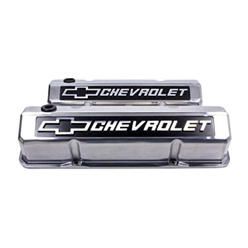 ProForm Valve Cover, Slant-Edge, Tall, Baffled, Breather Hole, Raised Chevrolet Bowtie Logo, Aluminum, Polished, Small Block Chevy, Pair (141-920)