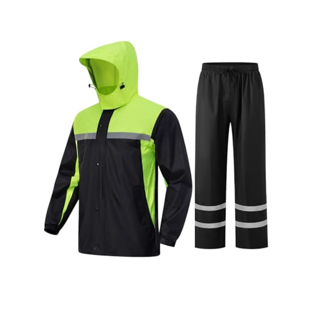 ProHydra Mens Rain Suits with Air Vents Reflective Stripes Waterproof Rain Gear Breathable Jacket Pants for Work Golf Fishing Hiking (Black Green, X-Large)