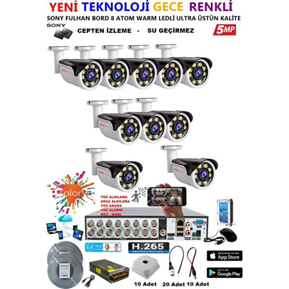 Prolife 10 Kameralı Gece Renkli 8 Adet Warm Ledli Yüz ve Araç Algılamalı 5 Mp Kuruluma Hazır Güvenlik Kamerası Sistemleri Güvenlik Kameraları Fiyatı
