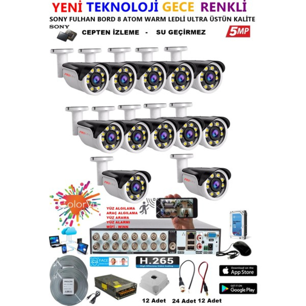 Prolife 12 Kameralı Gece Renkli 8 Adet Warm Ledli Yüz ve Araç Algılamalı 5 Mp Kuruluma Hazır Güvenlik Kamerası Seti Güvenlik Kameraları Fiyatı