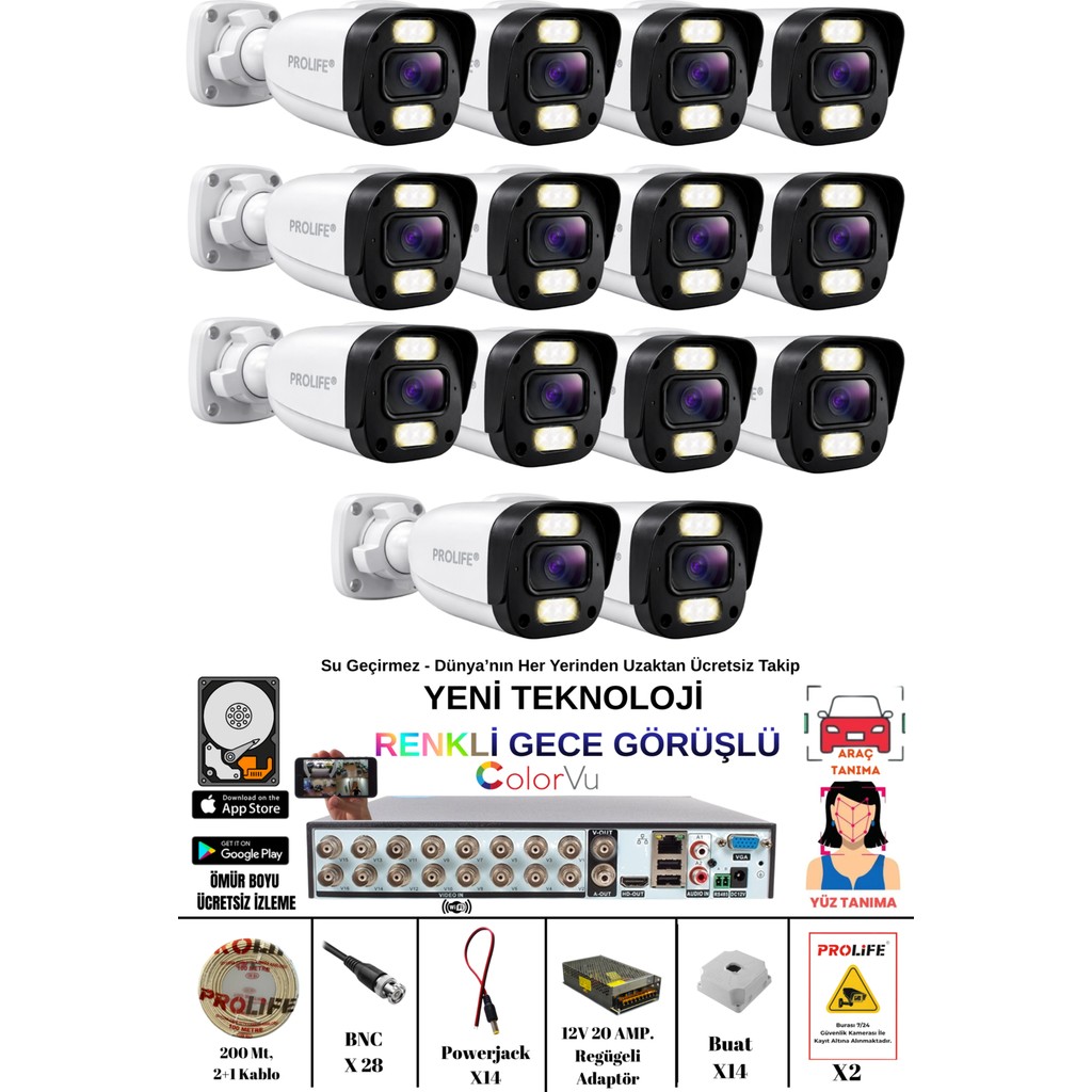 Prolife 14 Kameralı Gece Renkli White Warm Ledli Yüz ve Araç Algılamalı 5 Mp Kuruluma Hazır Güvenlik Kamerası Seti Güvenlik Kameraları Fiyatı
