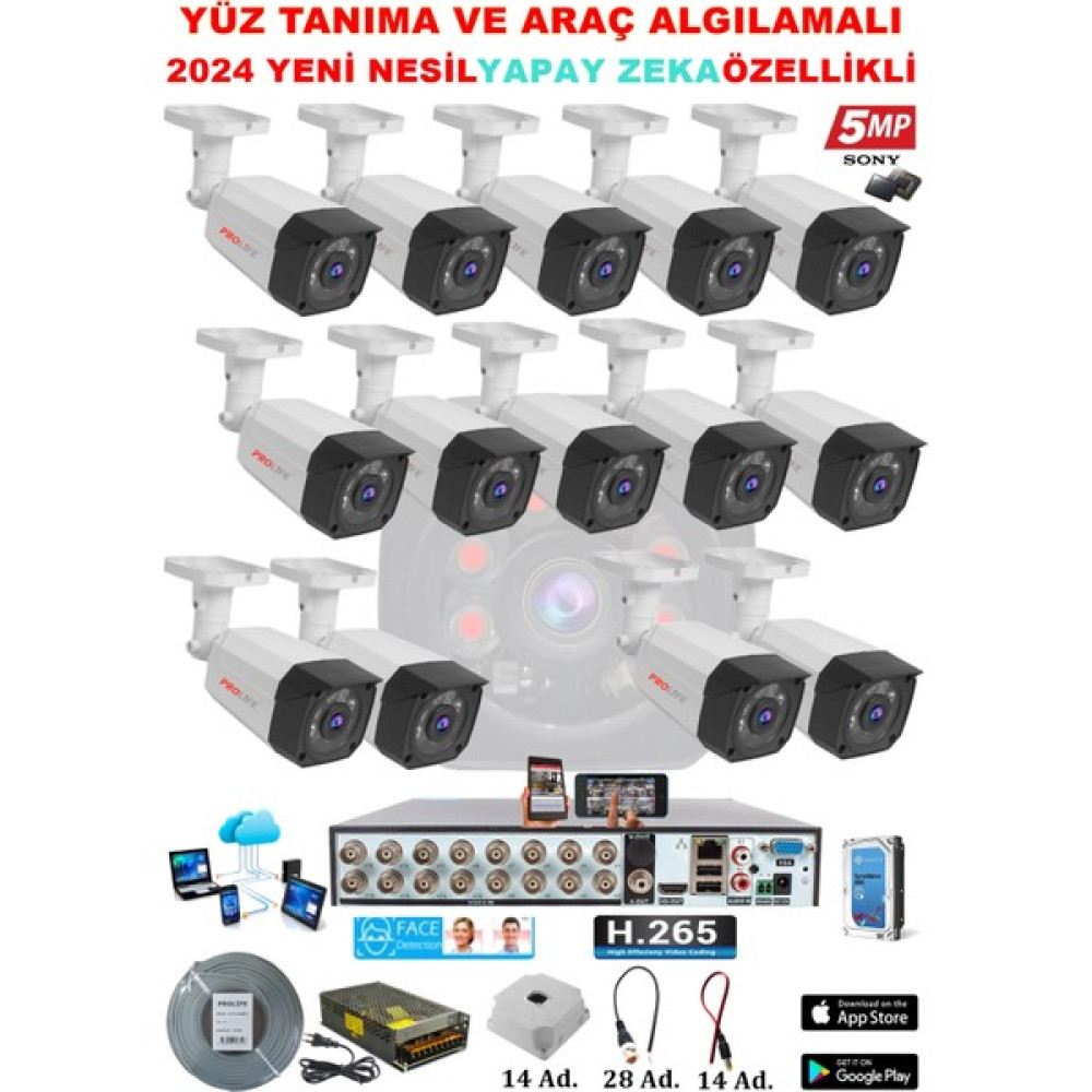 Prolife 14 Kameralı Yeni Nesil Yüz Tanımalı Insan Yüzü Eşgal Fotoğrafı Çeken 5 Mp Sony Full HD Ultra Üstün Kalite Güvenlik Kamerası Seti Güvenlik Kameraları Fiyatı