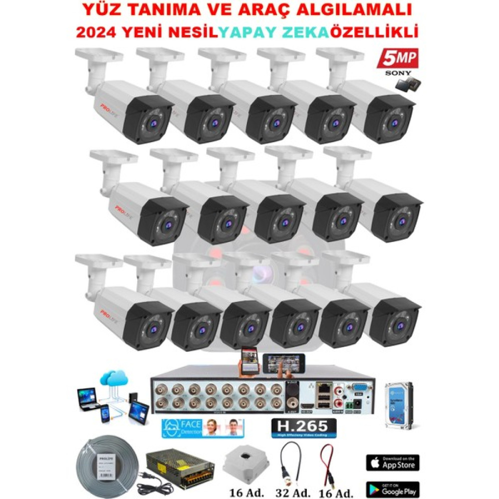Prolife 16 Kameralı Yeni Nesil Yüz Tanımalı Insan Yüzü Eşgal Fotoğrafı Çeken 5 Mp Sony Full Hd Ultra Üstün Kalite Güvenlik Kamerası Seti Güvenlik Kameraları Fiyatı