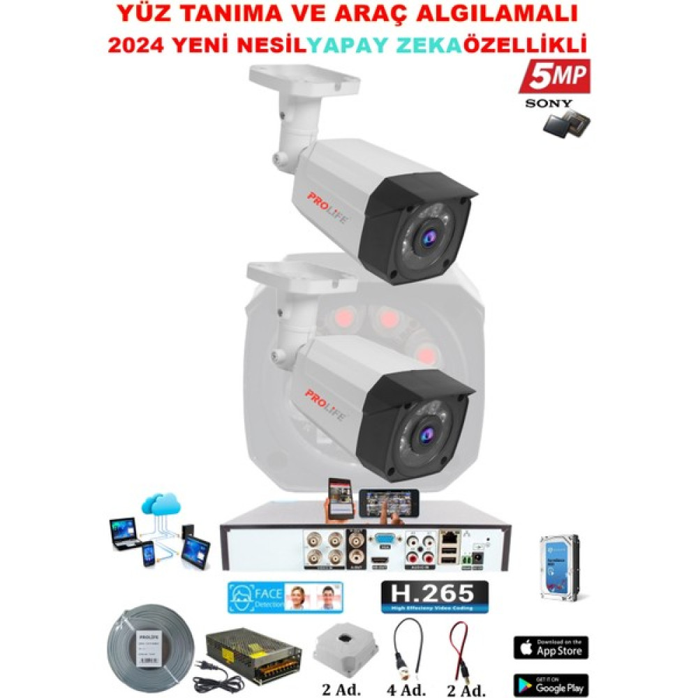 Prolife 2 Kameralı 5 Mp 1080P Yüz Algılamalı Yeni Özellik Full HD Gece Görüşlü Kamera Seti-Ultra Üstün Kalite Ömrü Güvenlik Kameraları Fiyatı