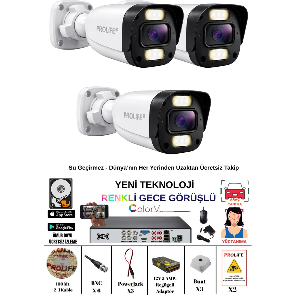 Prolife 3 Kameralı Gece Renkli 8 Adet Warm Ledli Yüz ve Araç Algılamalı 5 Mp Kuruluma Hazır Güvenlik Kamerası Sistemi Güvenlik Kameraları Fiyatı
