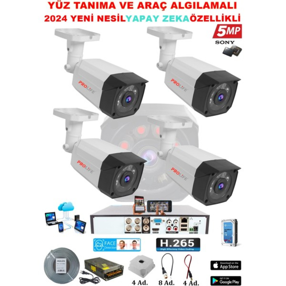 Prolife 4 Kameralı Yeni Nesil Yüz Tanımalı Insan Yüzü Eşgal Fotoğrafı Çeken 5 Mp Sony Full HD Ultra Üstün Kalite Güvenlik Kamerası Seti Güvenlik Kameraları Fiyatı