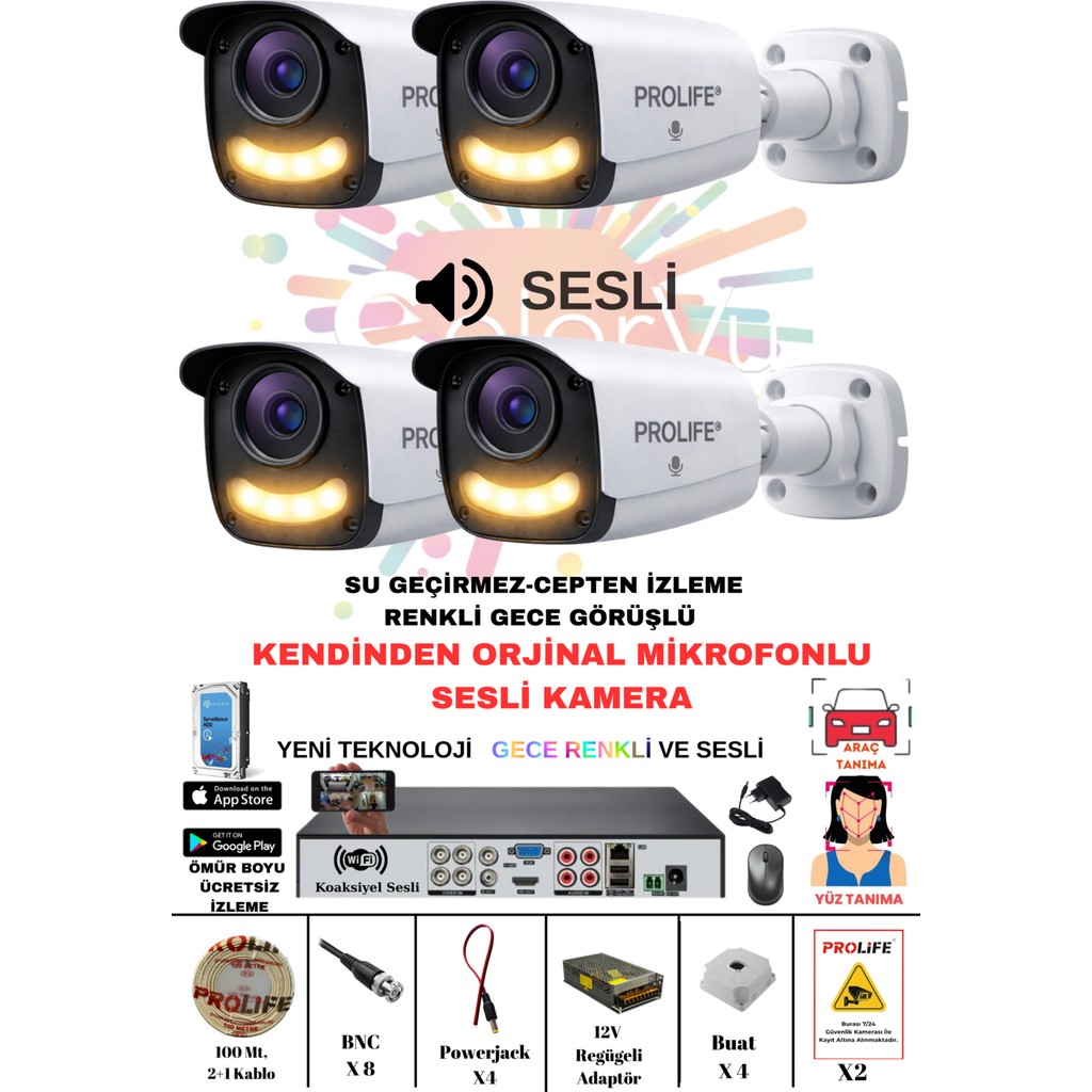 Prolife 4 Lü Sesli Güvenlik Kamerası 5 Mp Gece Renkli Yüz ve Araç Tanımalı Full Hd Kamera Sistemi - SES Güvenlik Kameraları Fiyatı