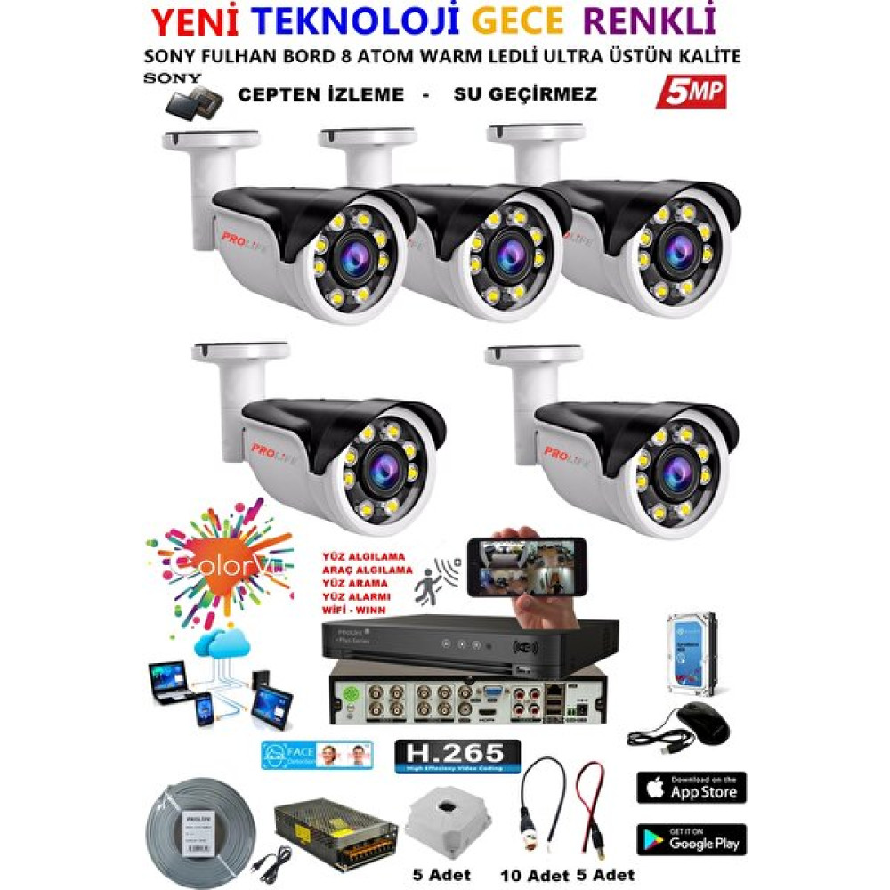 Prolife 5 Kameralı Gece Renkli 8 Adet Warm Ledli Yüz ve Araç Algılamalı 5 Mp Kuruluma Hazır Güvenlik Kamerası Seti Güvenlik Kameraları Fiyatı