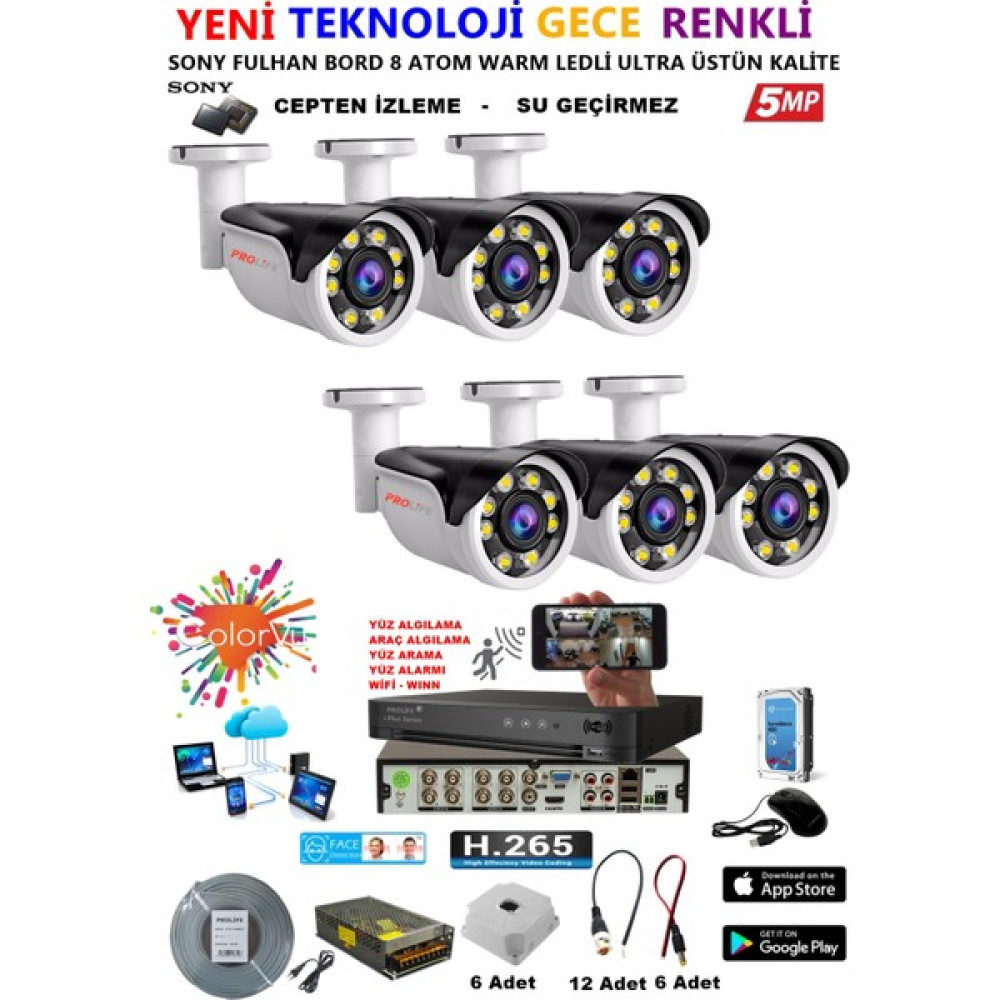 Prolife 6 Kameralı Gece Renkli 8 Adet Warm Ledli Yüz ve Araç Algılamalı 5 Mp Kuruluma Hazır Güvenlik Kamerası Seti Güvenlik Kameraları Fiyatı