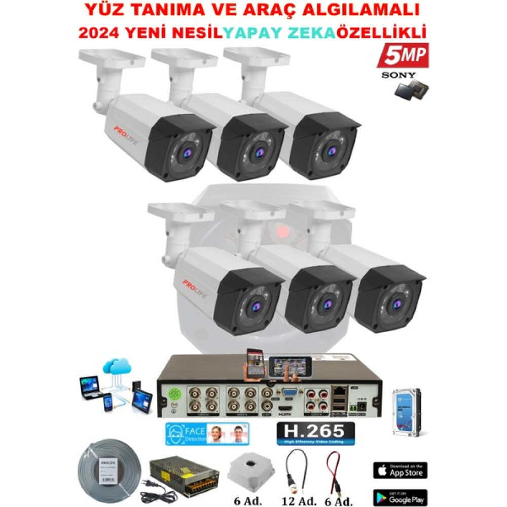 Prolife 6 Kameralı Yeni Nesil Yüz Tanımalı Insan Yüzü Eşgal Fotoğrafı Çeken 5 Mp Sony Full HD Ultra Üstün Kalite Güvenlik Kamerası Seti Güvenlik Kameraları Fiyatı