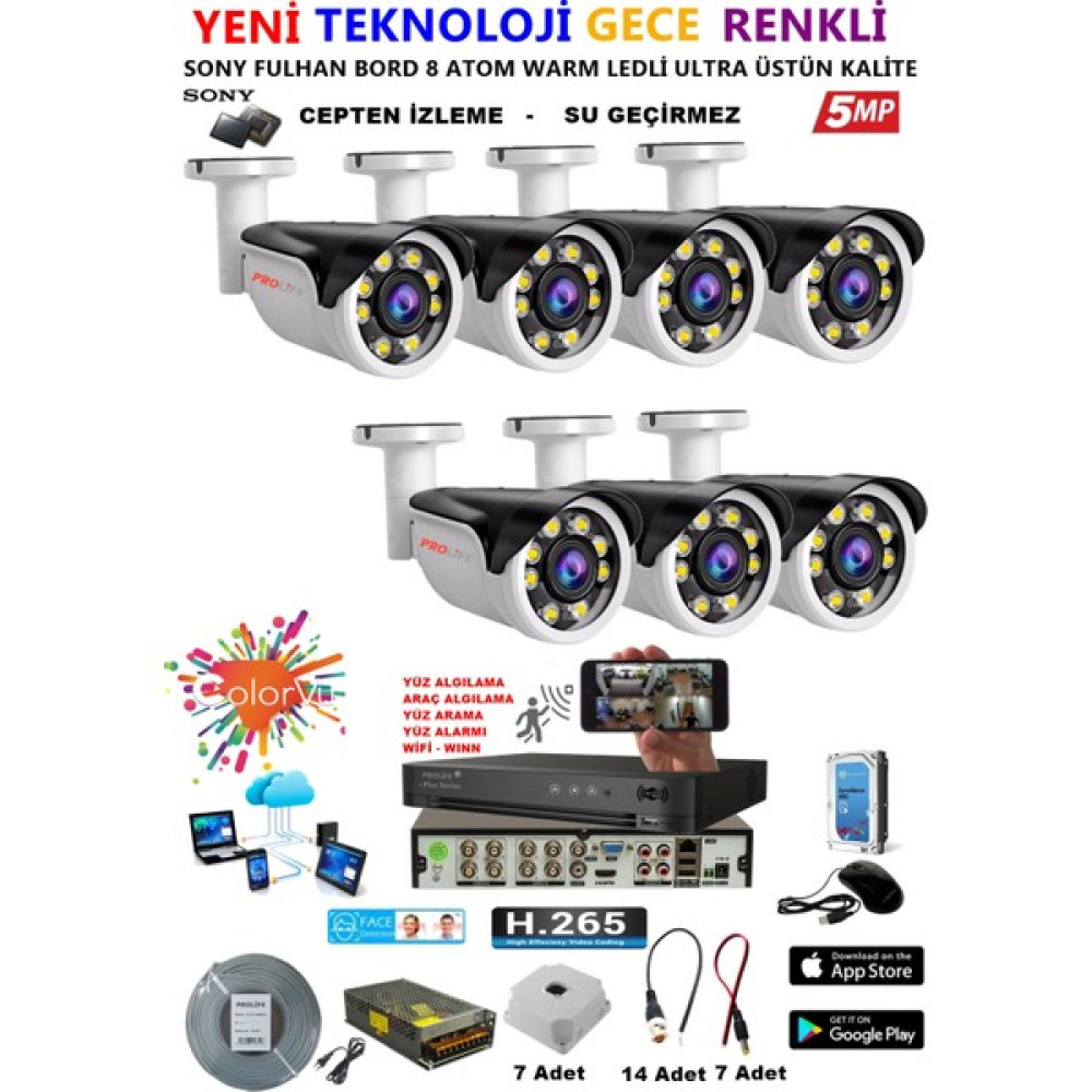 Prolife 7 Kameralı Gece Renkli Gösteren 8 Adet Warm Ledli Yüz ve Araç Algılamalı 5 Mp Kuruluma Hazır Güvenlik Kamerası Seti Güvenlik Kameraları Fiyatı