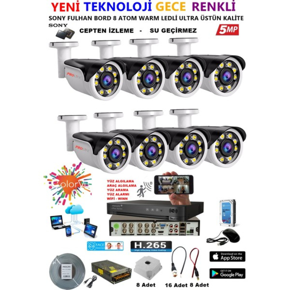 Prolife 8 Kameralı Gece Renkli 8 Adet Warm Ledli Yüz ve Araç Algılamalı 5 Mp Kuruluma Hazır Güvenlik Kamerası Seti Güvenlik Kameraları Fiyatı