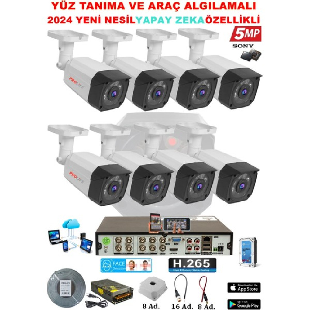 Prolife 8 Kameralı Yeni Nesil Yüz Tanımalı Insan Yüzü Eşgal Fotoğrafı Çeken 5 Mp Sony Full HD Ultra Üstün Kalite Güvenlik Kamerası Seti Güvenlik Kameraları Fiyatı