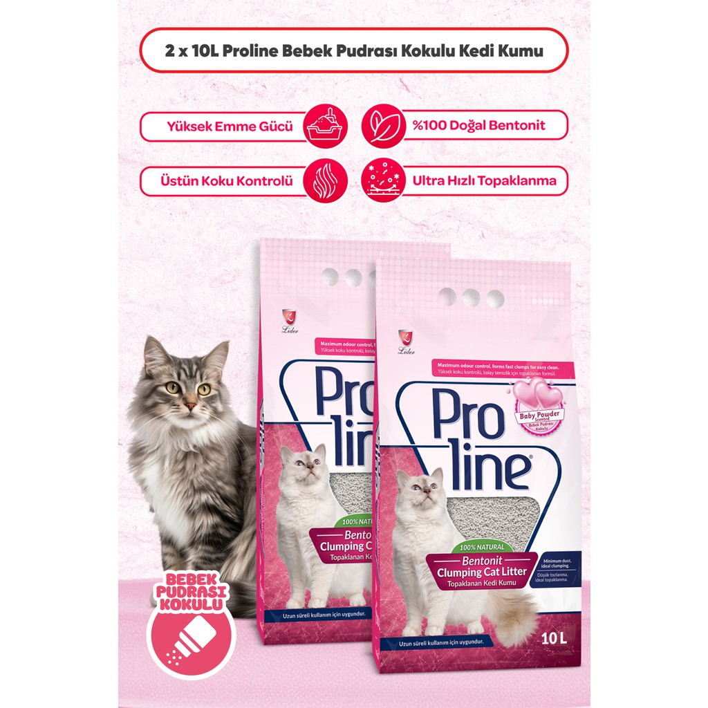Proline Bebek Pudrası Kokulu Bentonit Topaklanan Kedi Kumu 10 L x 2 Adet Diğer Fiyatı
