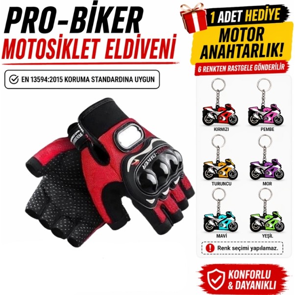 Prosev Pro-Bıker Darbeli Yarım Parmak Bedenli Motosiklet Eldiveni (Anahtarlık Hediyeli) En 13594:2015 Koruma Standardına Uygun Yarım Parmak - L Diğer Fiyatı