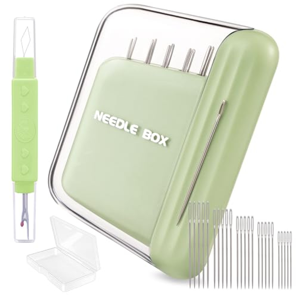 Protable Magnetic Sewing Needles Including 5 Size 35PCS Sewing Sharp Needles Large Eye Hand Quilting Needles Stainless Embroidery Needles with 2 in 1 Needle Threaders Seam Ripper for Sewing Repair