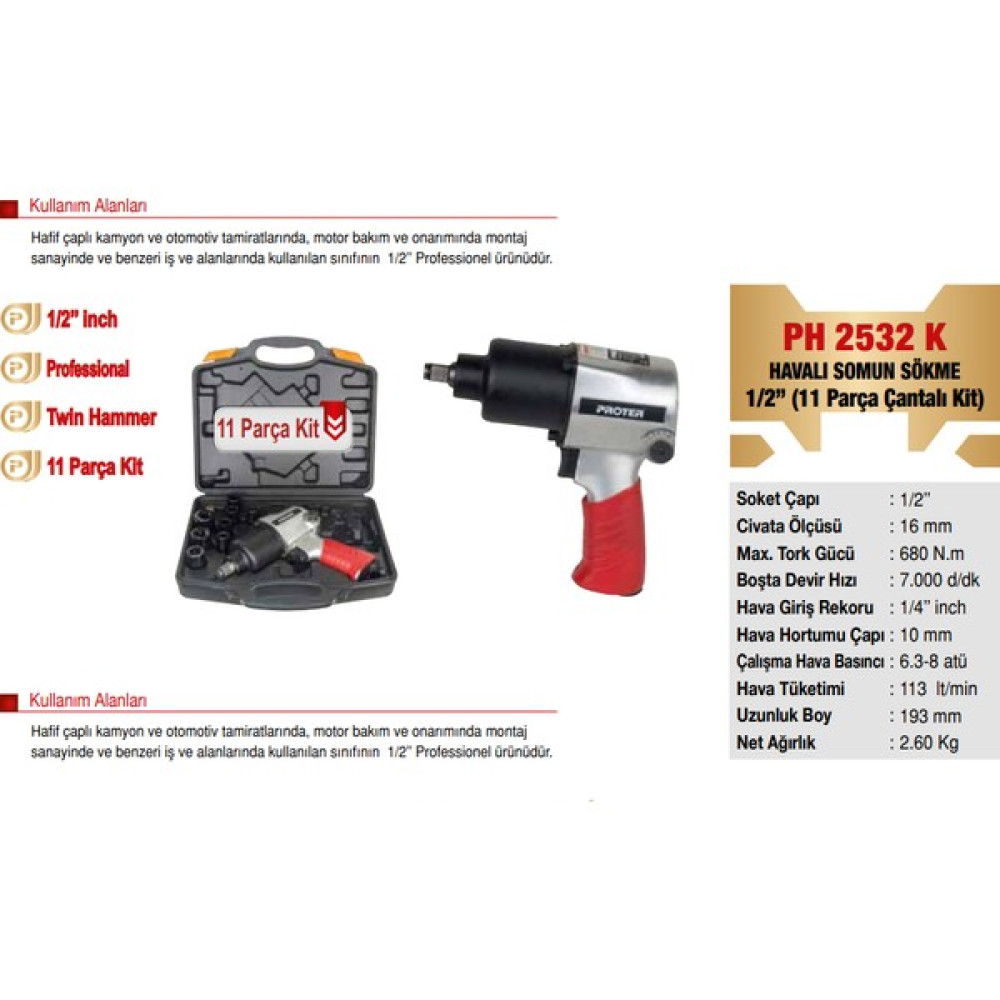 Proter Ph 2532 K Havalı Somun Sökme 1/2’’ (11 Parça Çantalı Kit) Somun Sıkma Makinesi Fiyatı