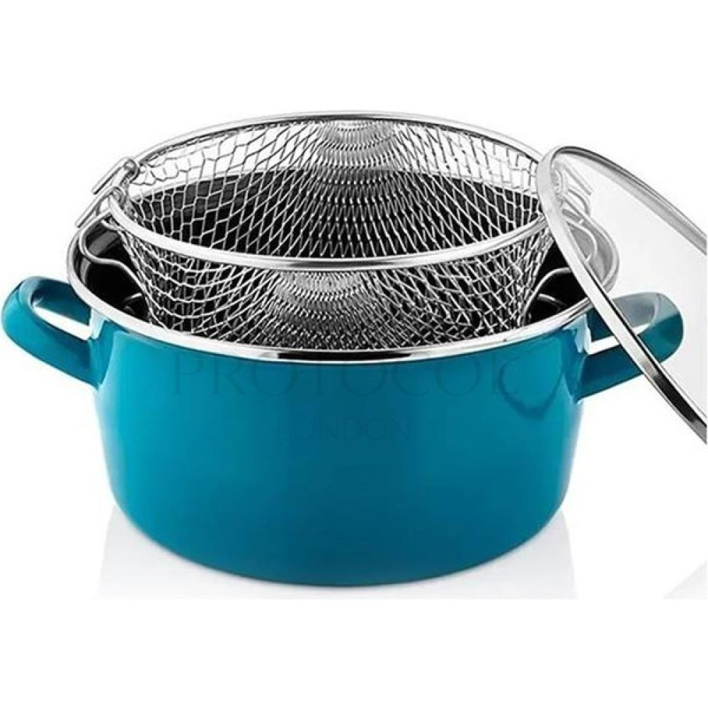Protocol London Lüks Italyan Emaye Fritöz Kızartma Tenceresi 22 cm 3,5 Litre - Turkuaz Tencereler Fiyatı