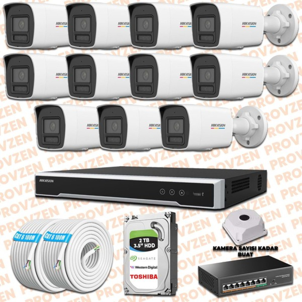 Provzen Hıkvısıon 11 Ip Güvenlik Kamerası Seti 4mp Colorvu Hibrit Oto Boyaları Fiyatı