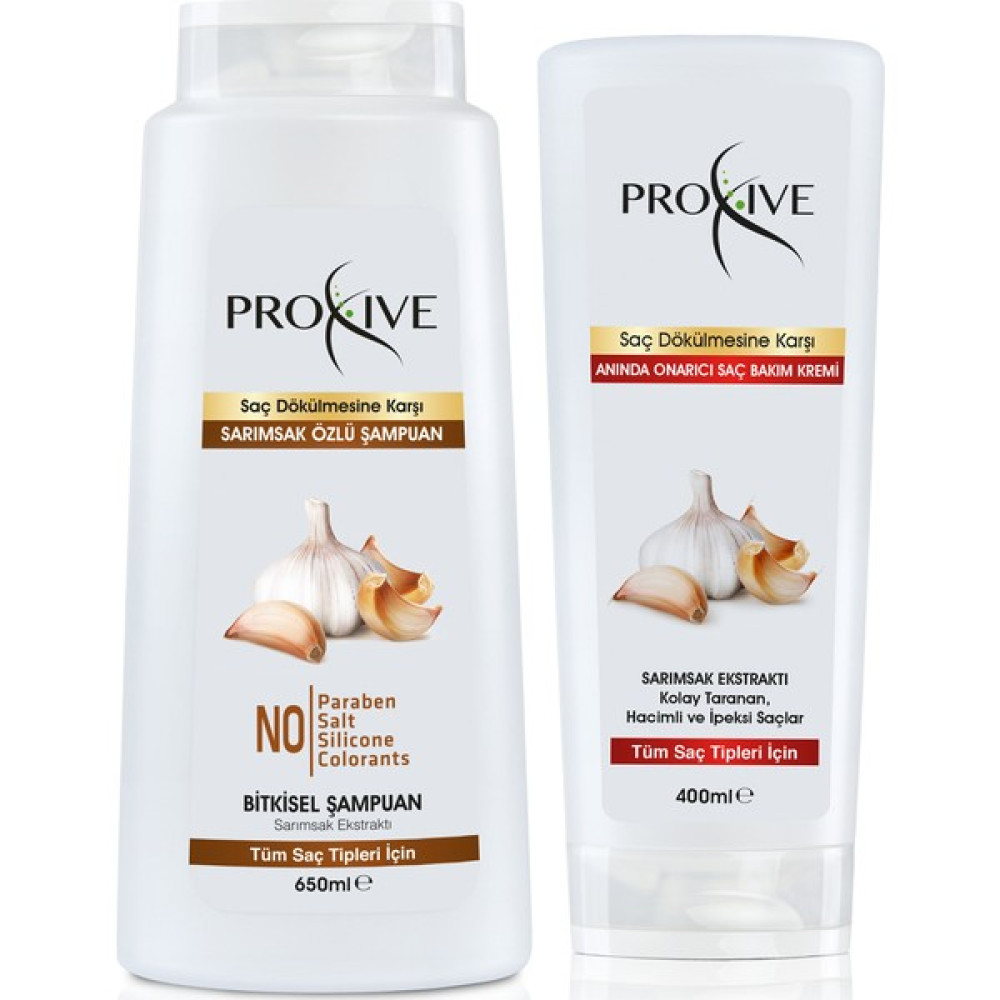 Proxive Tuzsuz Parabensiz Silikonsuz Boyasız Sarımsak Şampuanı 650 ml + Proxive Anında Onarıcı Saç Kremi 400 ml Oto Boyaları Fiyatı