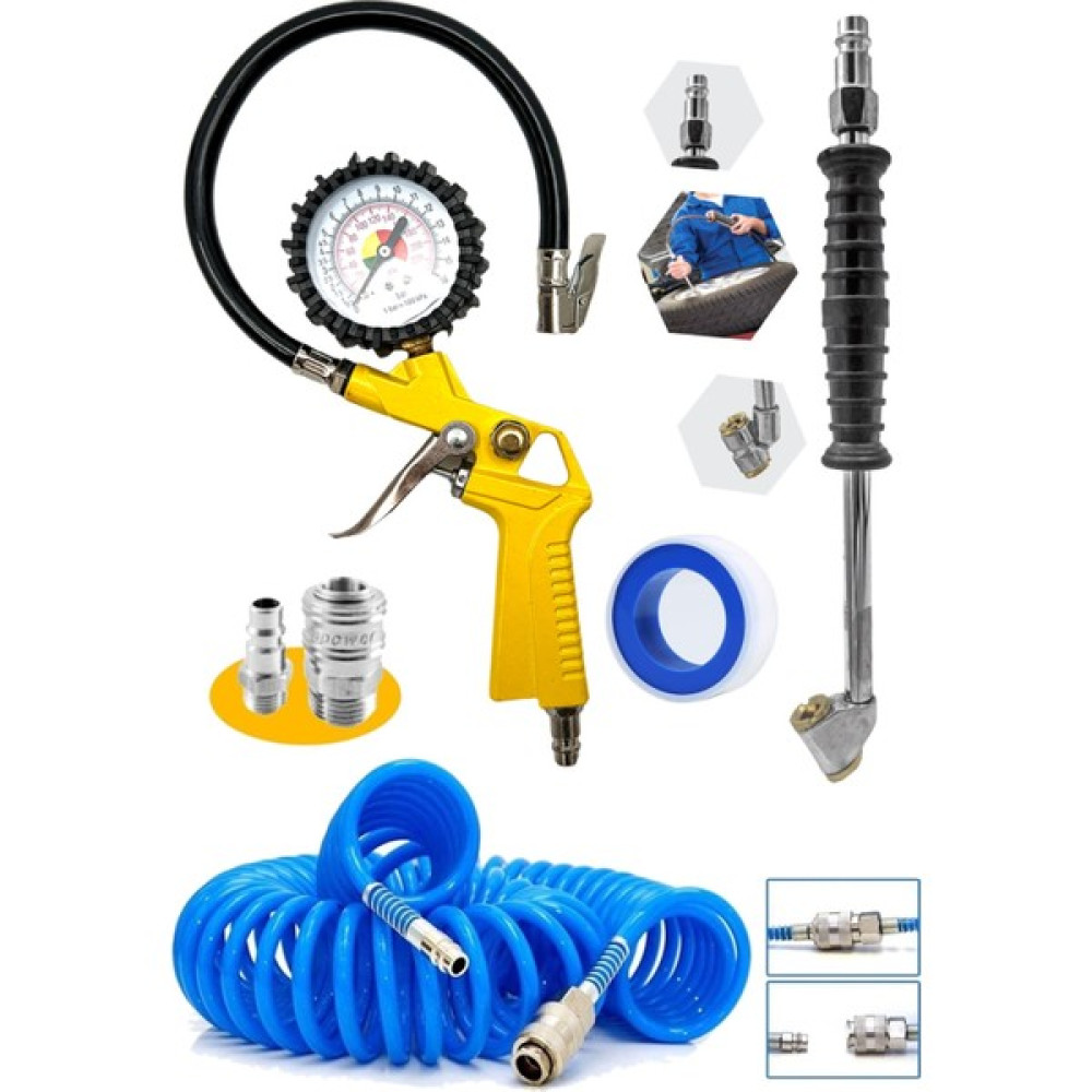 Proxtech 220 Psı Saatli Lastik Şişirme Hava Tabancası Lastik Şişirme 15 Mt Spiral Hava Hortumu Recor Set Hava Kompresörü Fiyatı