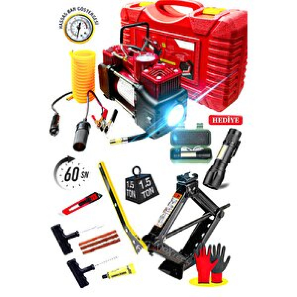 Proxtech Combo 12v 150psi Ağır Hizmet Çift Silindirli Çantalı Hava Kompresörü 1500kg Cırcırlı Kriko Set Lastik Tamir & Bakım Fiyatı