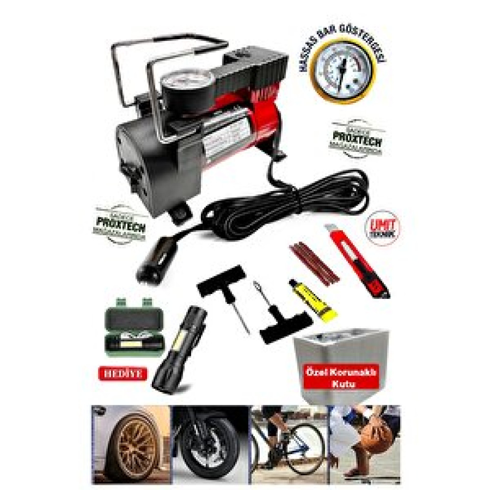 Proxtech Combo Set Premium Pratik 12 V Araba Oto Araç Lastik Şişirme Pompası 160 Psi Metal Gövde Kompresör Lastik Tamir & Bakım Fiyatı