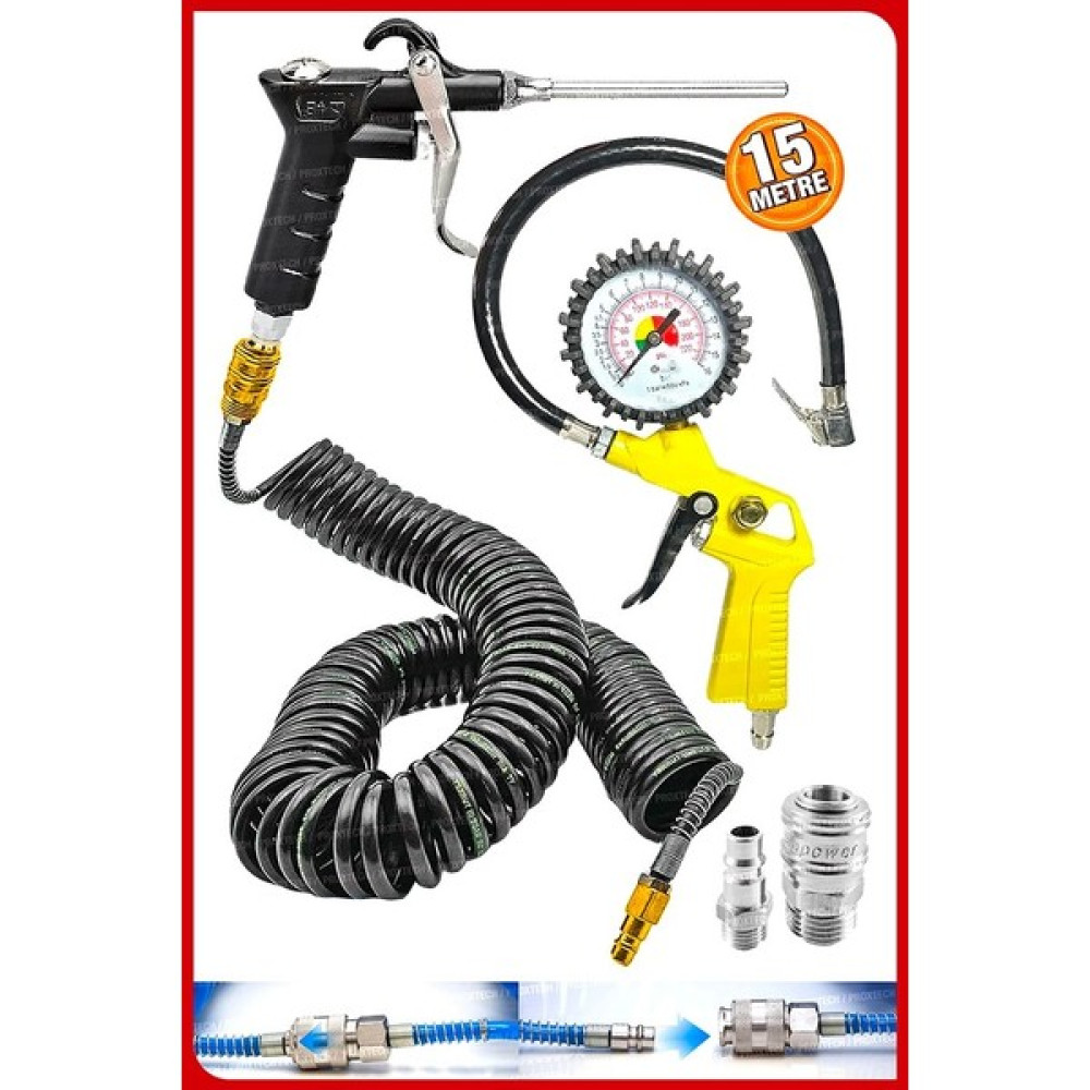 Proxtech Havalı Kompresör Saatli Lastik Şişirme 15 Mt spiral Hortumuhava Tabancası Hava Recor Paket Set Hava Kompresörü Fiyatı