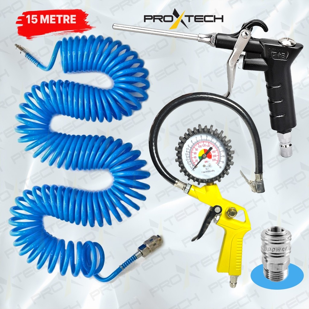 Proxtech Kompresör Lastik Şişirme, spiral Hava Hortumu 15 Mt Hava Jakı hava Tabancası Recor Seti Boya Malzemeleri Fiyatı